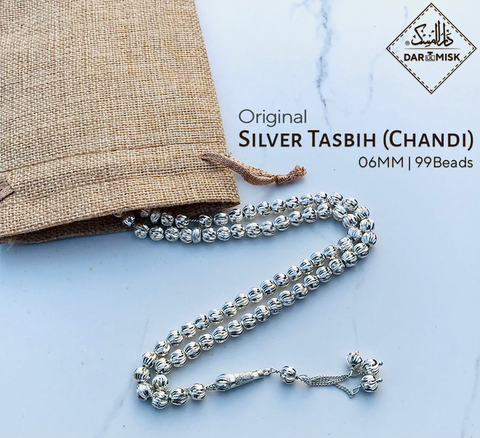 925 Saf Gümüş (Chandi) Tesbih 99 Boncuk | 6MM Boyutlu Boncuklar | 99x Sayım!📿