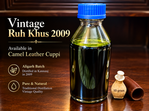 100% Pure Indian Ruh Khus (Vetiver) Oil | Vintage 2009 Kannauj Batch | 10g Camel Leather Kuppi 🌿